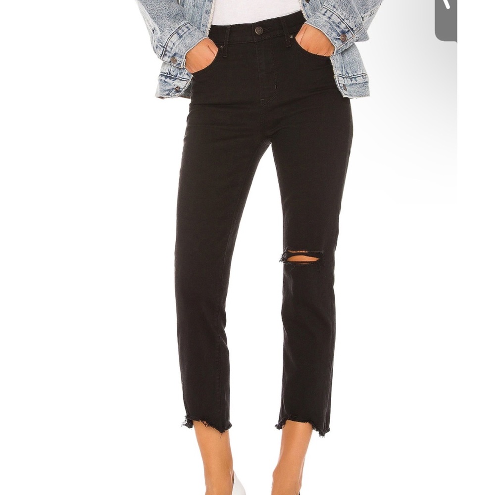 Levi’s Premium 724 High Rise Straight Crop Jeans Black Distressing Sz 25